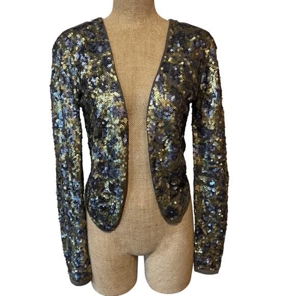 MNG Mango Casual Sportswear Sz Medium Metallic Sequin Jacket Brown Black Tie EUC - Picture 1 of 11